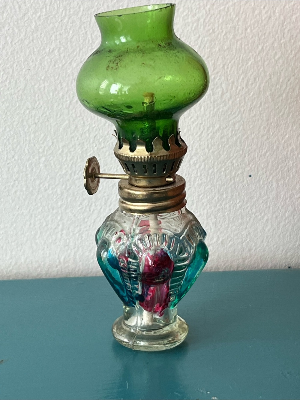 Tiny Vintage Green Glass Oil Lamp - Decorative Home Art